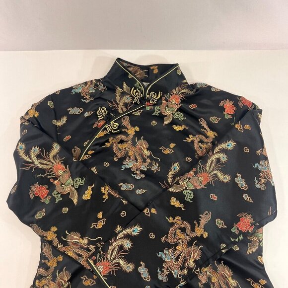 Yi Fang Asian Cheongsam Dress Women Black Embroidered Dragon Peacock Side Slit - Picture 7 of 14